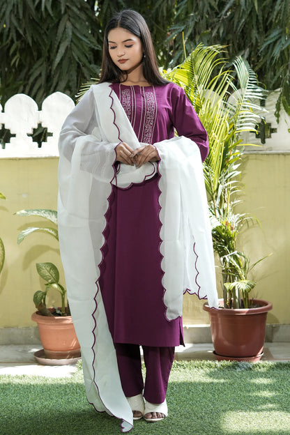 ZOYA Wine Hand Embroidered Cotton Suit (Set of 3)