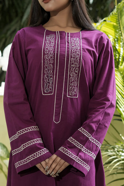 ZOYA Wine Hand Embroidered Cotton Suit (Set of 3)