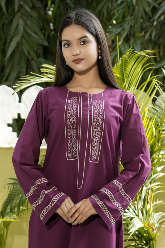 ZOYA Wine Hand Embroidered Cotton Suit (Set of 3)